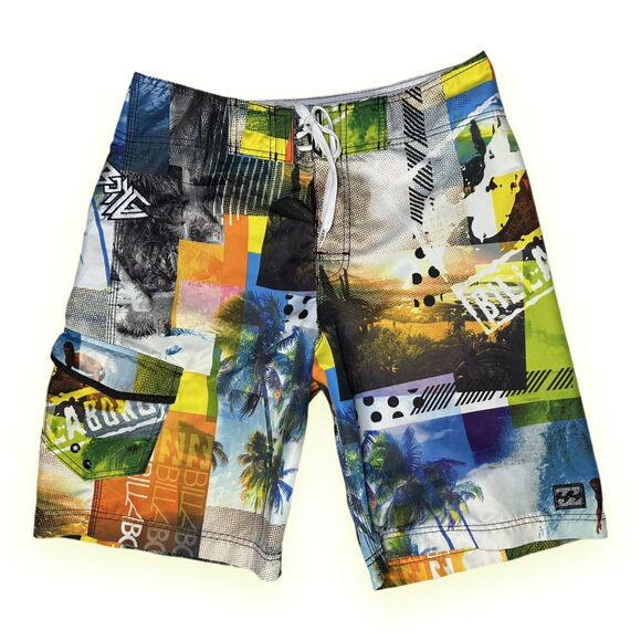 Billabong X Andy Irons Pro-Series Board Shorts Photo AOP Sz 32 M Early 00s Y2K - Picture 1 of 14